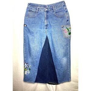 Upcycled Denim Skirt Embroidery Lace Festival Wear Tall Woman 44" Length